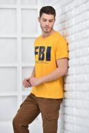 Hardal Erkek Bisiklet Yaka FBI Baskılı Slim Fit T-Shirt F5442