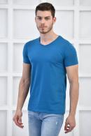 Petrol Erkek V Yaka Basıc Likralı Slim Fit T-Shirt F5173